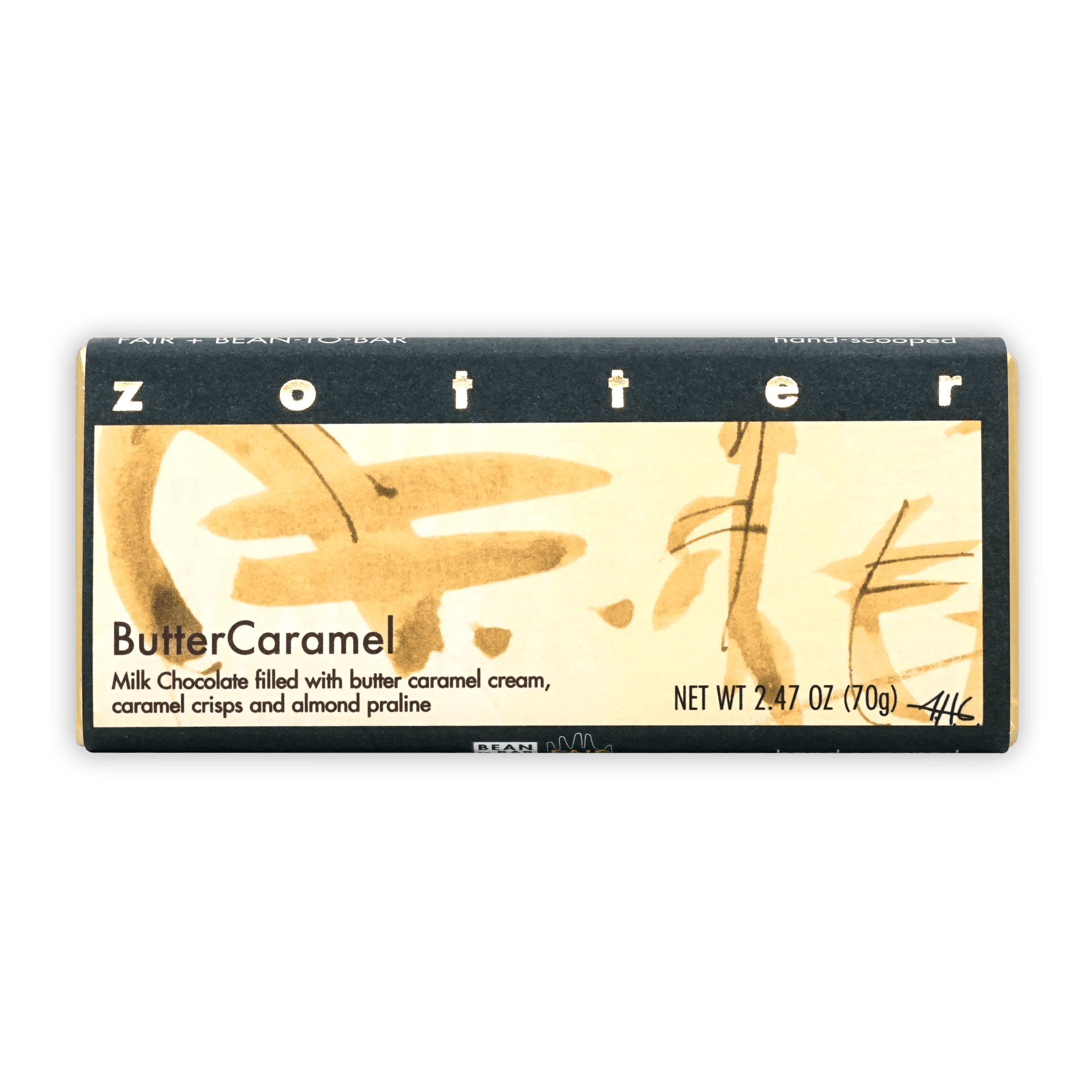 Zotter Butter Caramel 50% filled chocolate bar in black cream wrapper