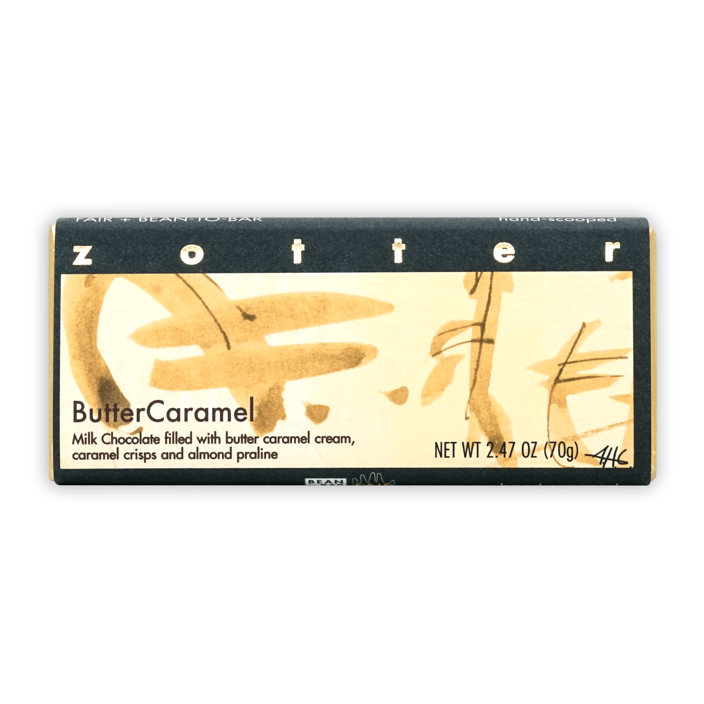 Zotter Butter Caramel 50% filled chocolate bar in black cream wrapper