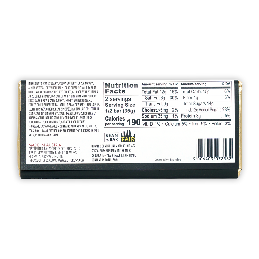 Zotter Cheesecake Milk Chocolate 50% bean bar back with nutrition facts