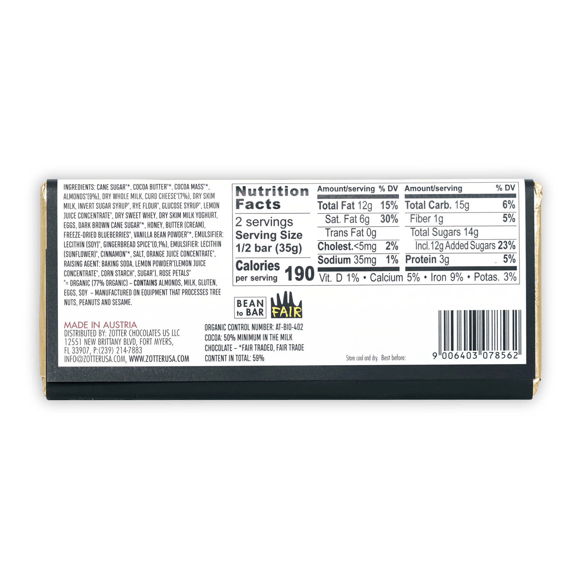 Zotter Cheesecake Milk Chocolate 50% bean bar back with nutrition facts