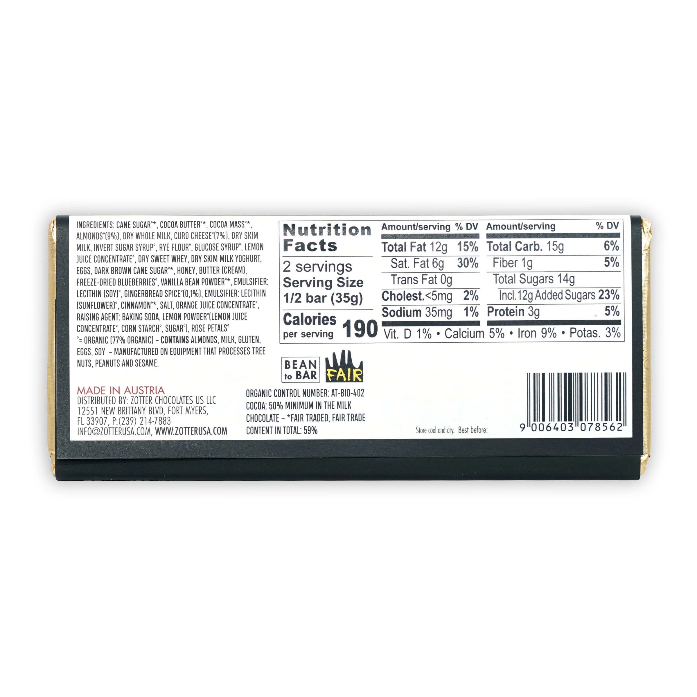 Zotter Cheesecake Milk Chocolate 50% bean bar back with nutrition facts