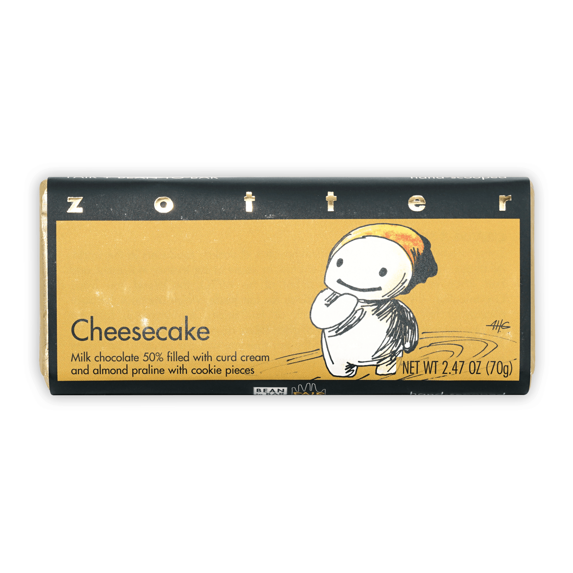 Zotter Cheesecake Milk Chocolate 50% bar with cartoon on golden wrapper