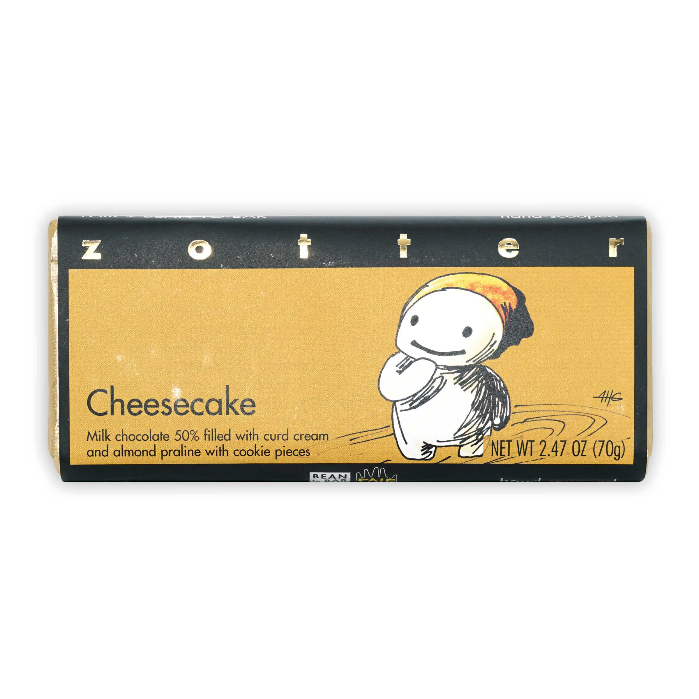 Zotter Cheesecake Milk Chocolate 50% bar with cartoon on golden wrapper