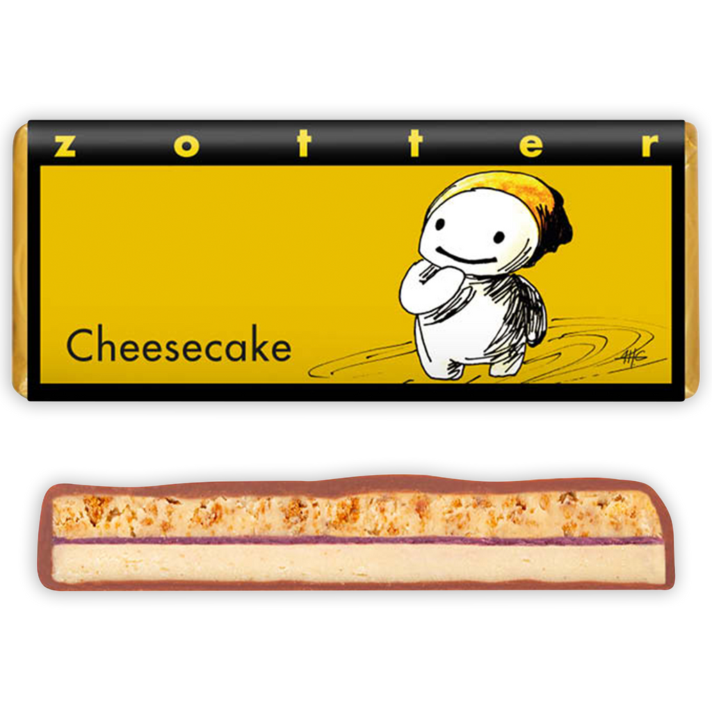 Zotter Cheesecake Milk Chocolate 50% bar with creamy filling, purple jam, crumbly topping