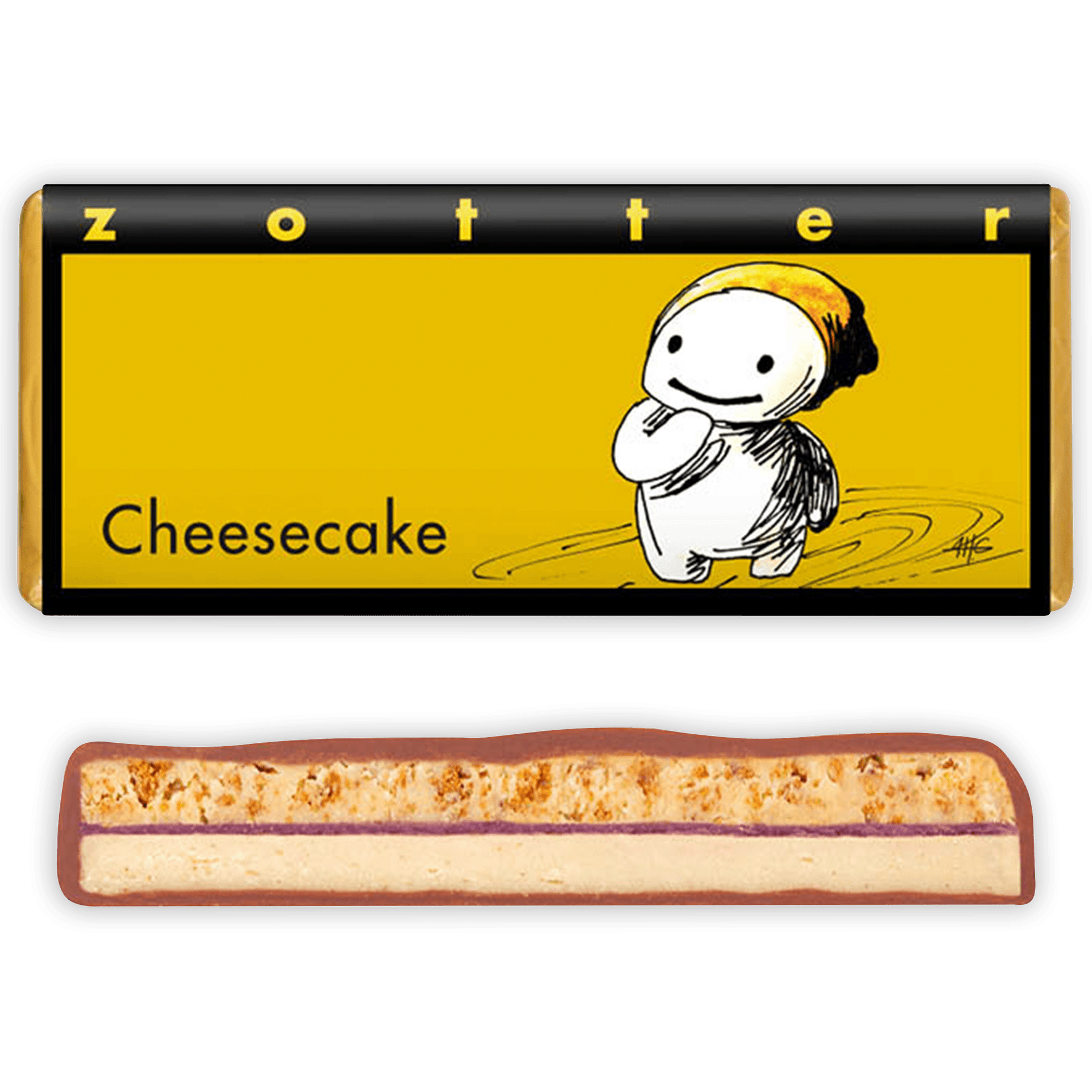 Zotter Cheesecake Milk Chocolate 50% bar with creamy filling, purple jam, crumbly topping