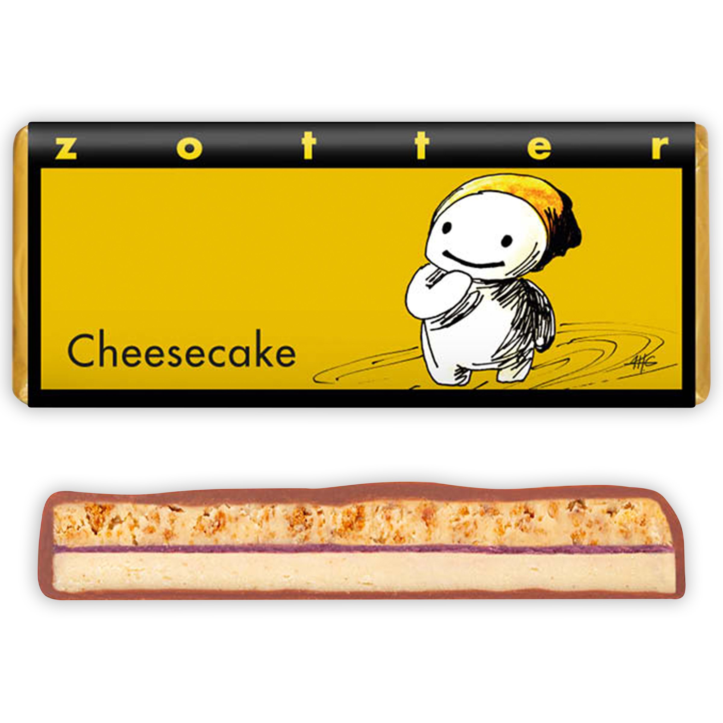 Zotter Cheesecake Milk Chocolate 50% bar with creamy filling, purple jam, crumbly topping