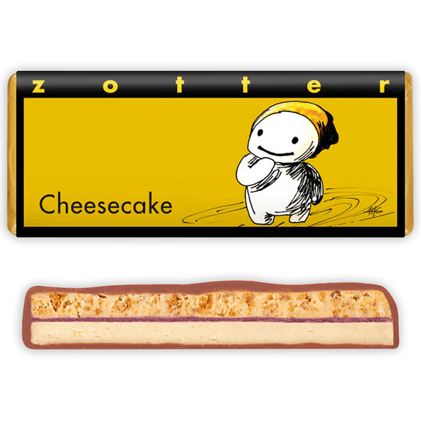 Zotter Cheesecake Milk Chocolate 50% bar with creamy filling, purple jam, crumbly topping