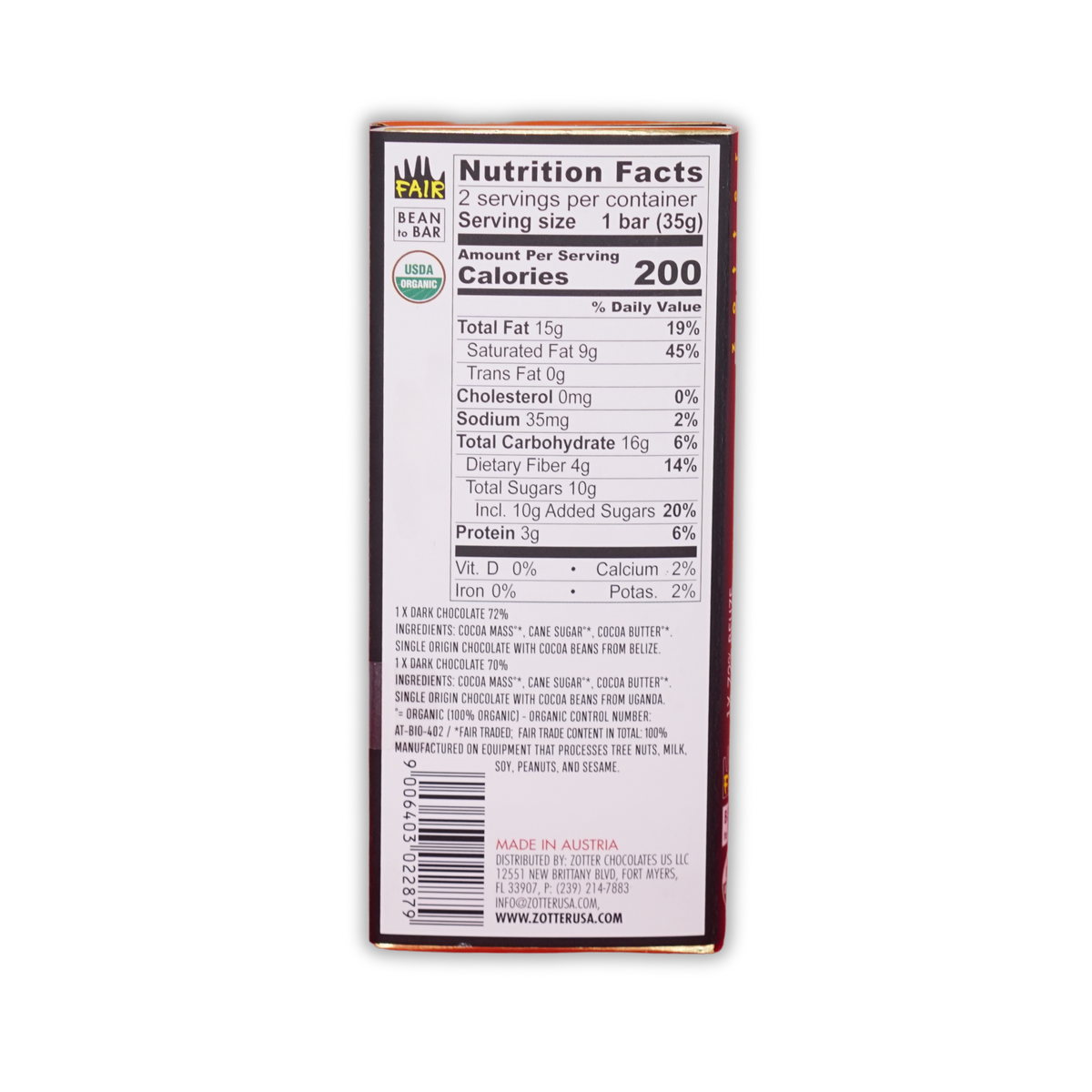 Back of a Zotter chocolate package showing the nutrition facts panel and ingredients list on a black background.