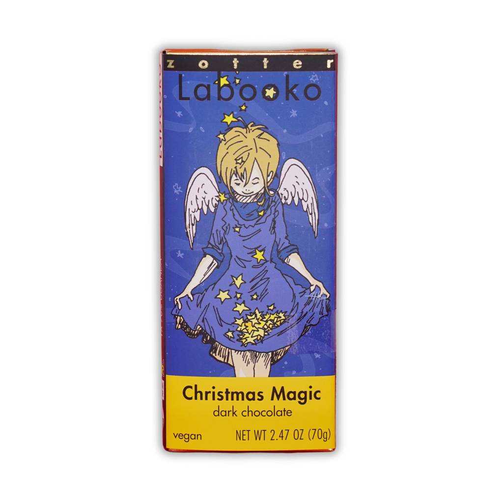 Zotter Labooko Christmas Magic dark chocolate bar packaging featuring an angel illustration on a blue and yellow box.