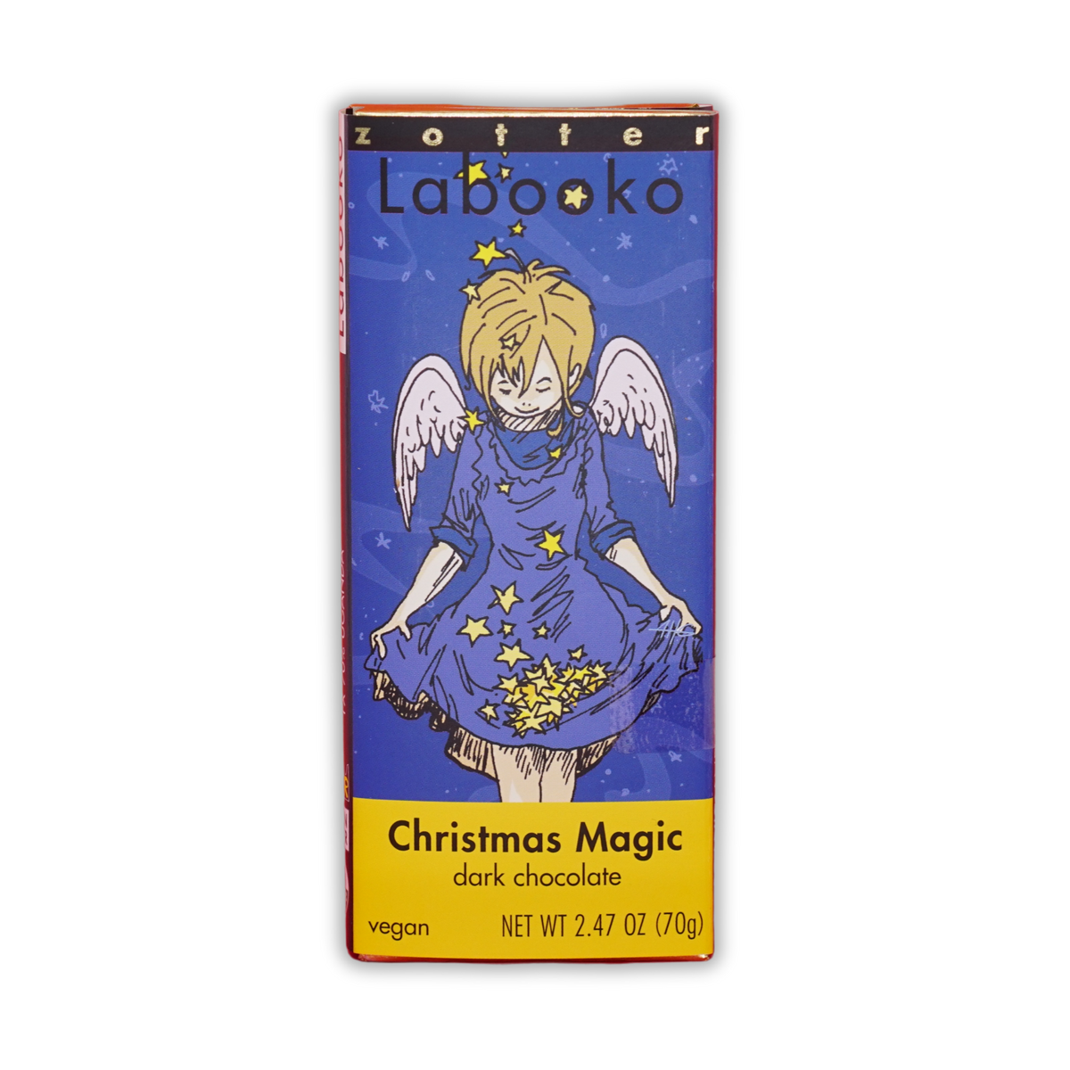 Zotter Labooko Christmas Magic dark chocolate bar packaging featuring an angel illustration on a blue and yellow box.