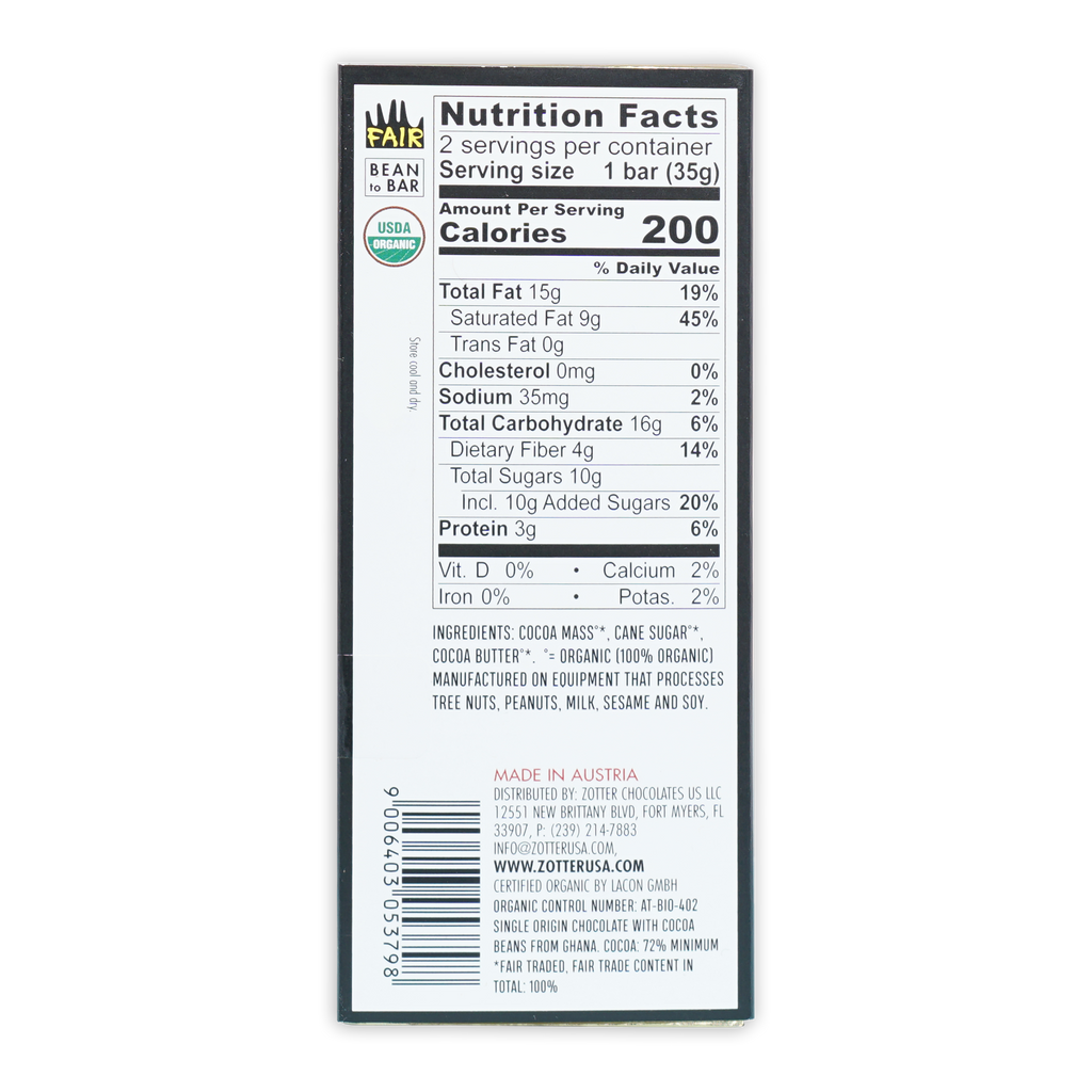 Labooko Ghana Dark 72% white wrapper with fair bean to bar and USDA organic seal