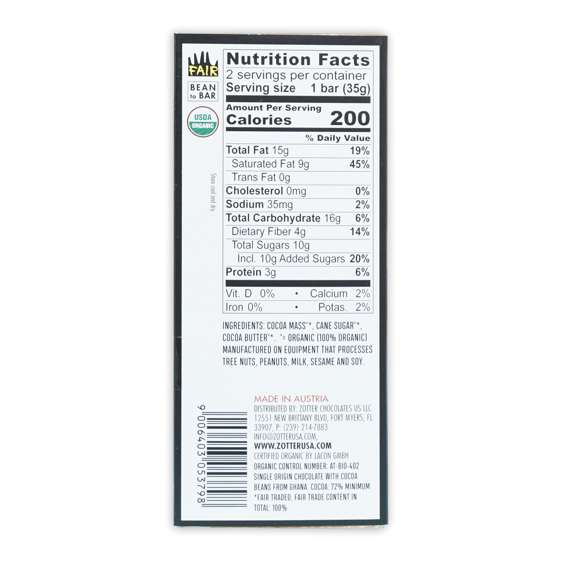 Labooko Ghana Dark 72% white wrapper with fair bean to bar and USDA organic seal