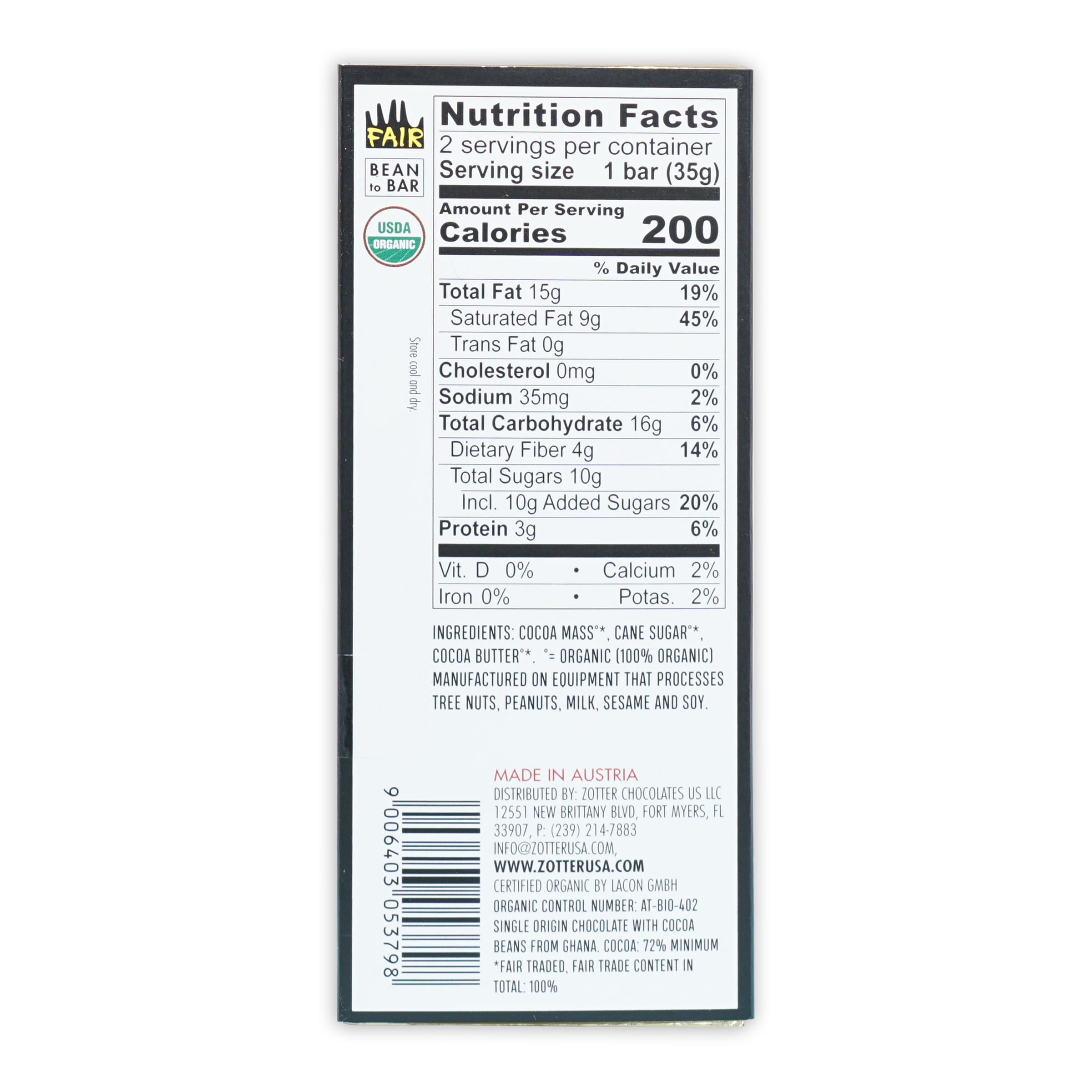 Labooko Ghana Dark 72% white wrapper with fair bean to bar and USDA organic seal