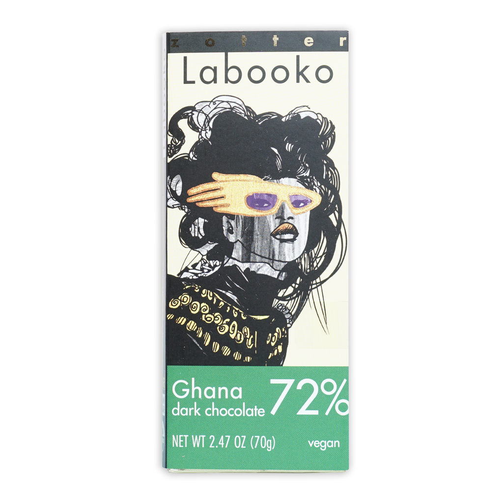Labooko Ghana 72% dark chocolate bar with stylized woman in black gold attire purple sunglasses