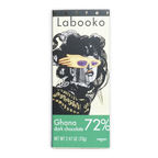 Labooko Ghana 72% dark chocolate bar with stylized woman in black gold attire purple sunglasses
