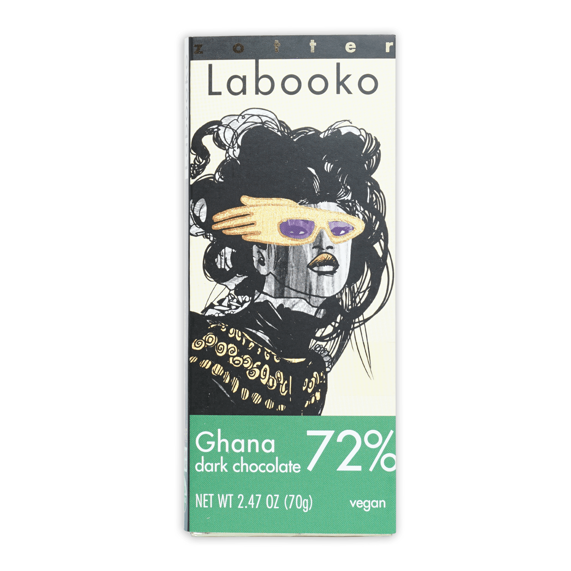 Labooko Ghana 72% dark chocolate bar with stylized woman in black gold attire purple sunglasses