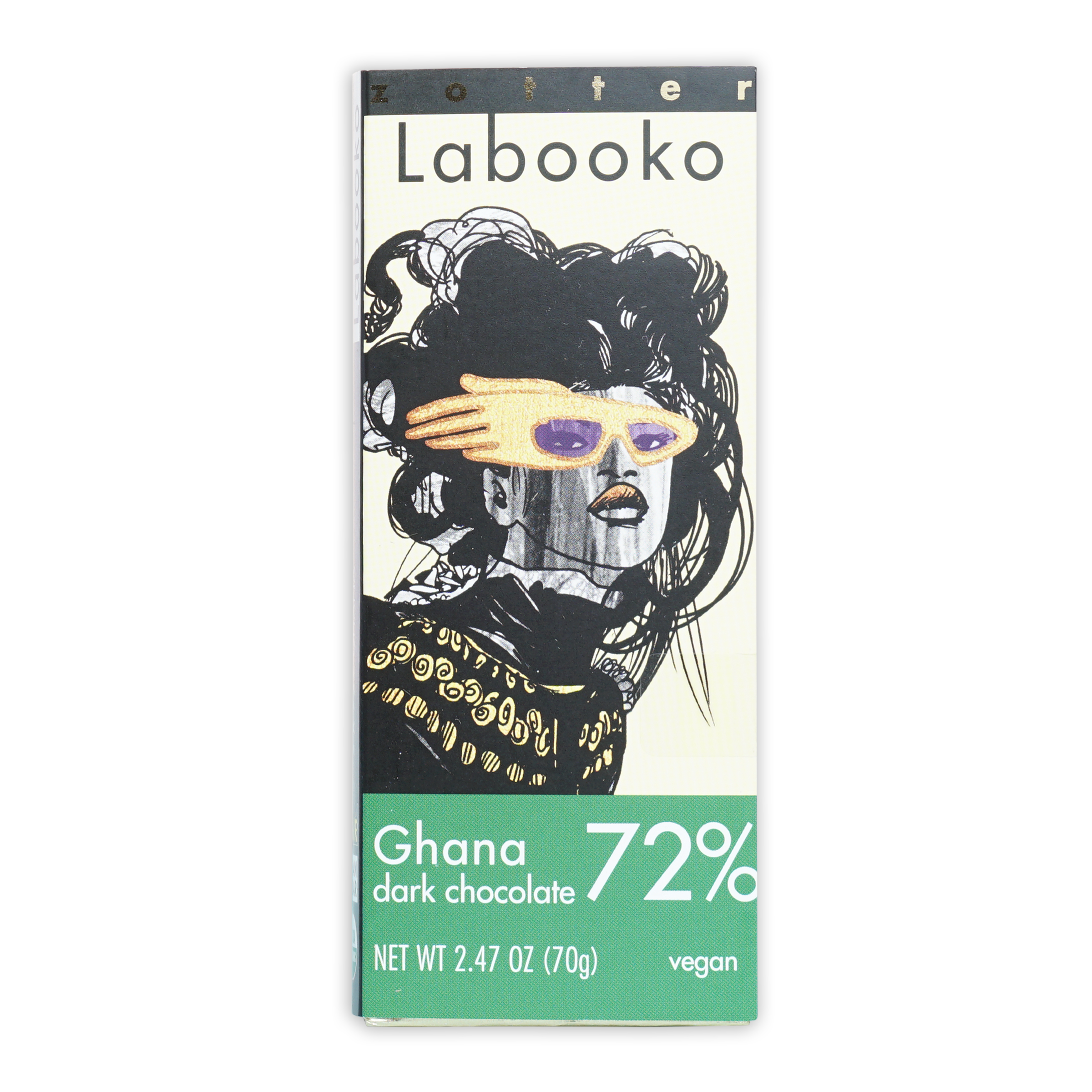 Labooko Ghana 72% dark chocolate bar with stylized woman in black gold attire purple sunglasses