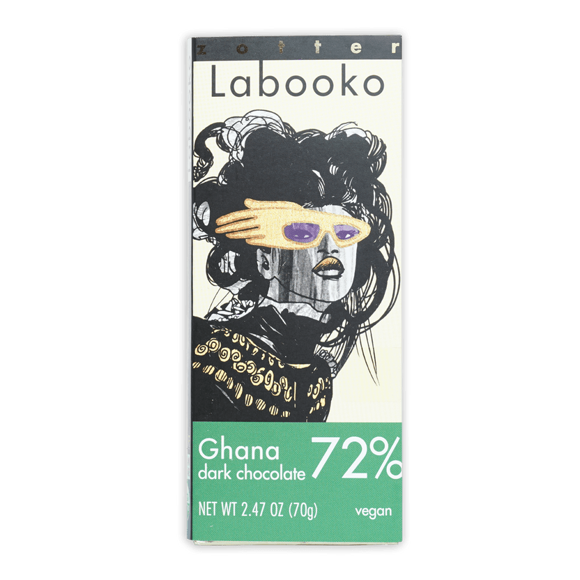 Labooko Ghana 72% dark chocolate bar with stylized woman in black gold attire purple sunglasses