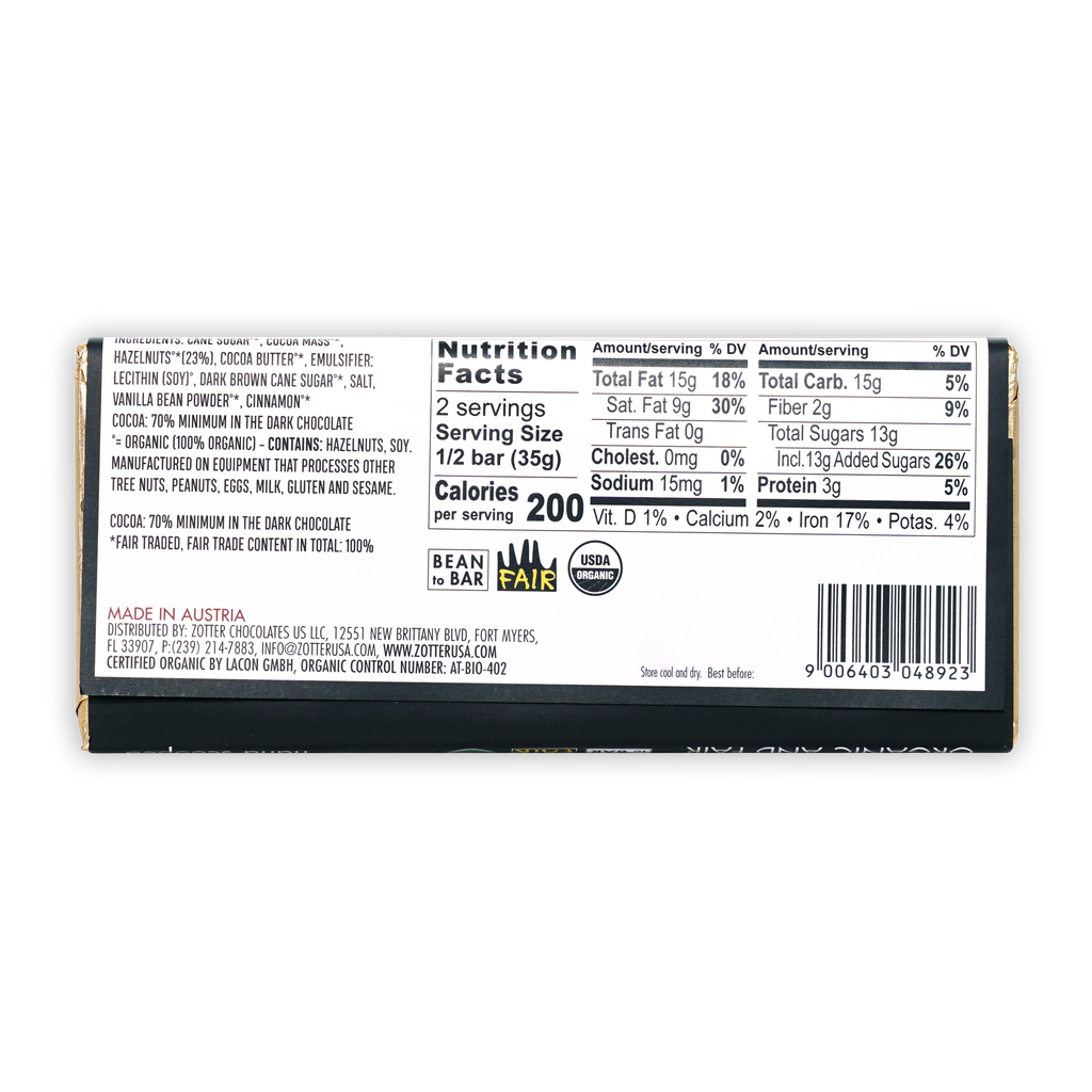 Zotter Hazelnut Brittle 70% dark chocolate bar back with organic label