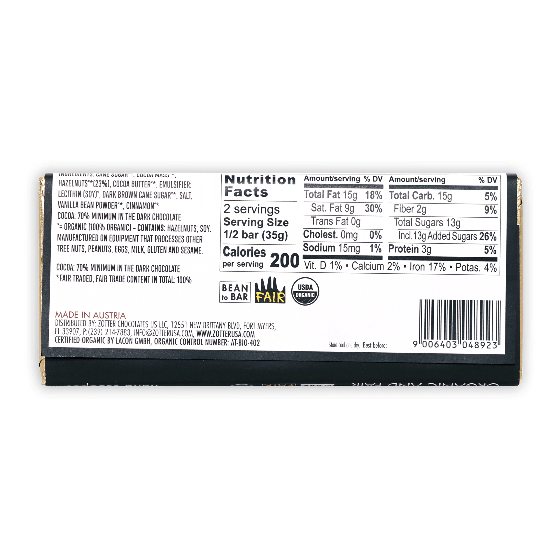 Zotter Hazelnut Brittle 70% dark chocolate bar back with organic label