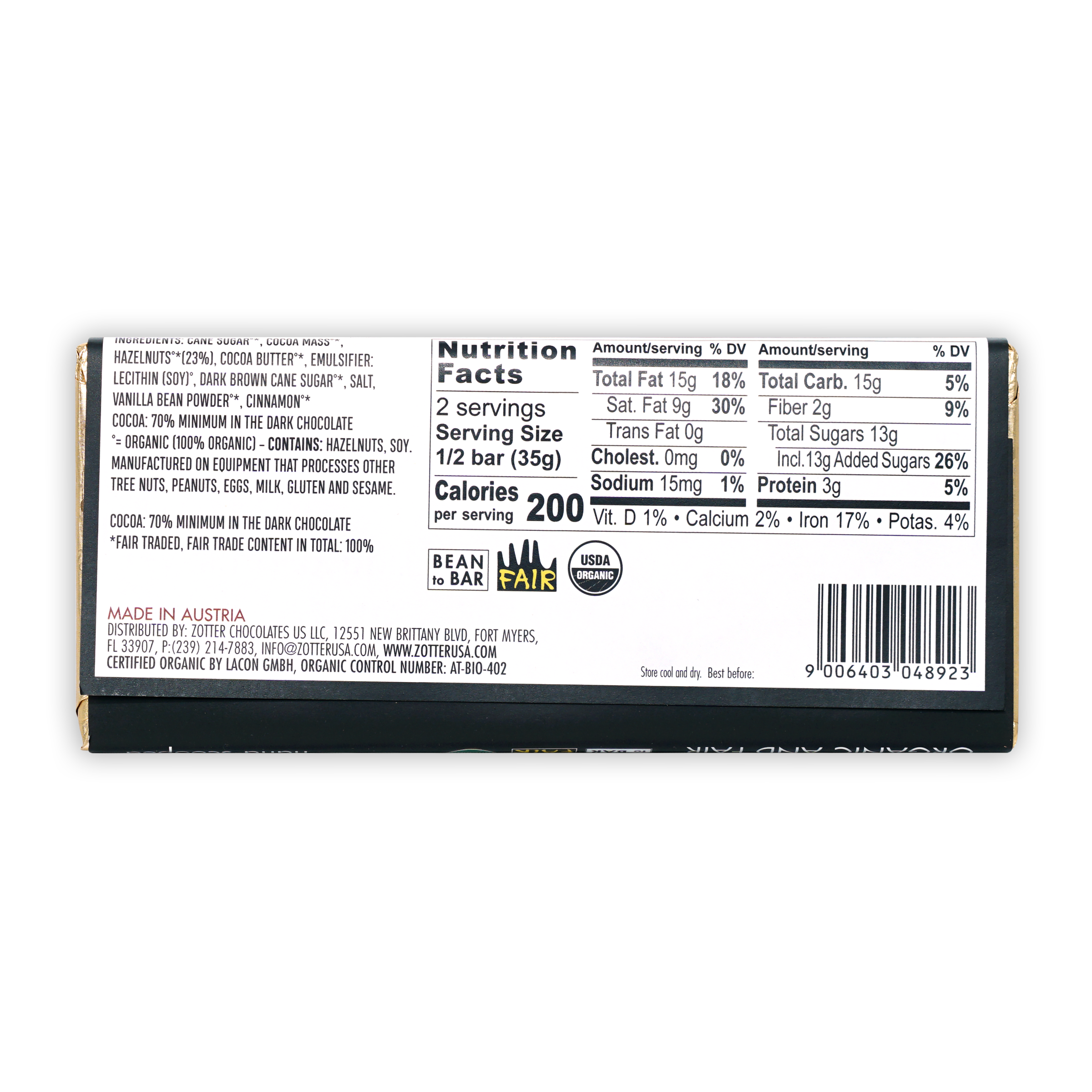 Zotter Hazelnut Brittle 70% dark chocolate bar back with organic label