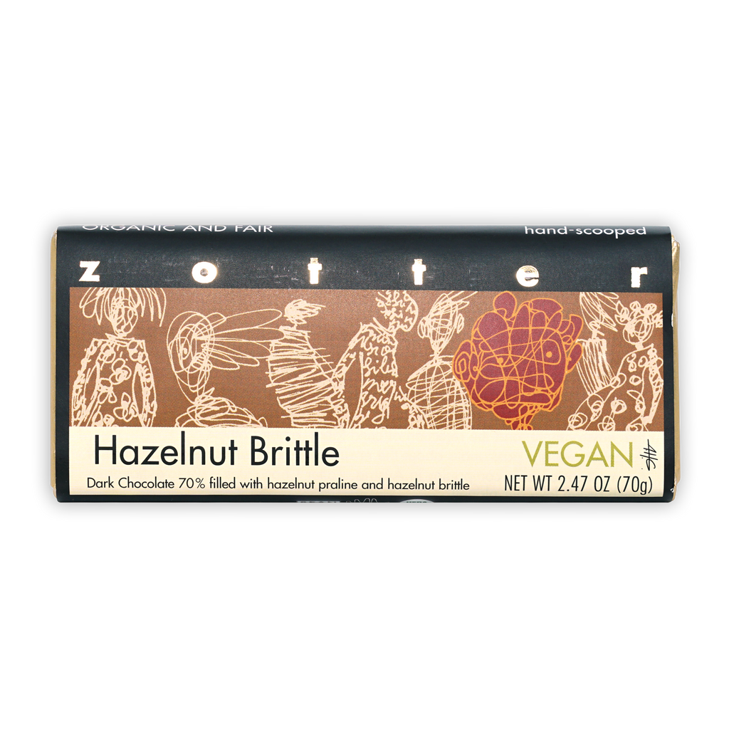 Zotter Hazelnut Brittle 70% chocolate bar in brown cream wrapper