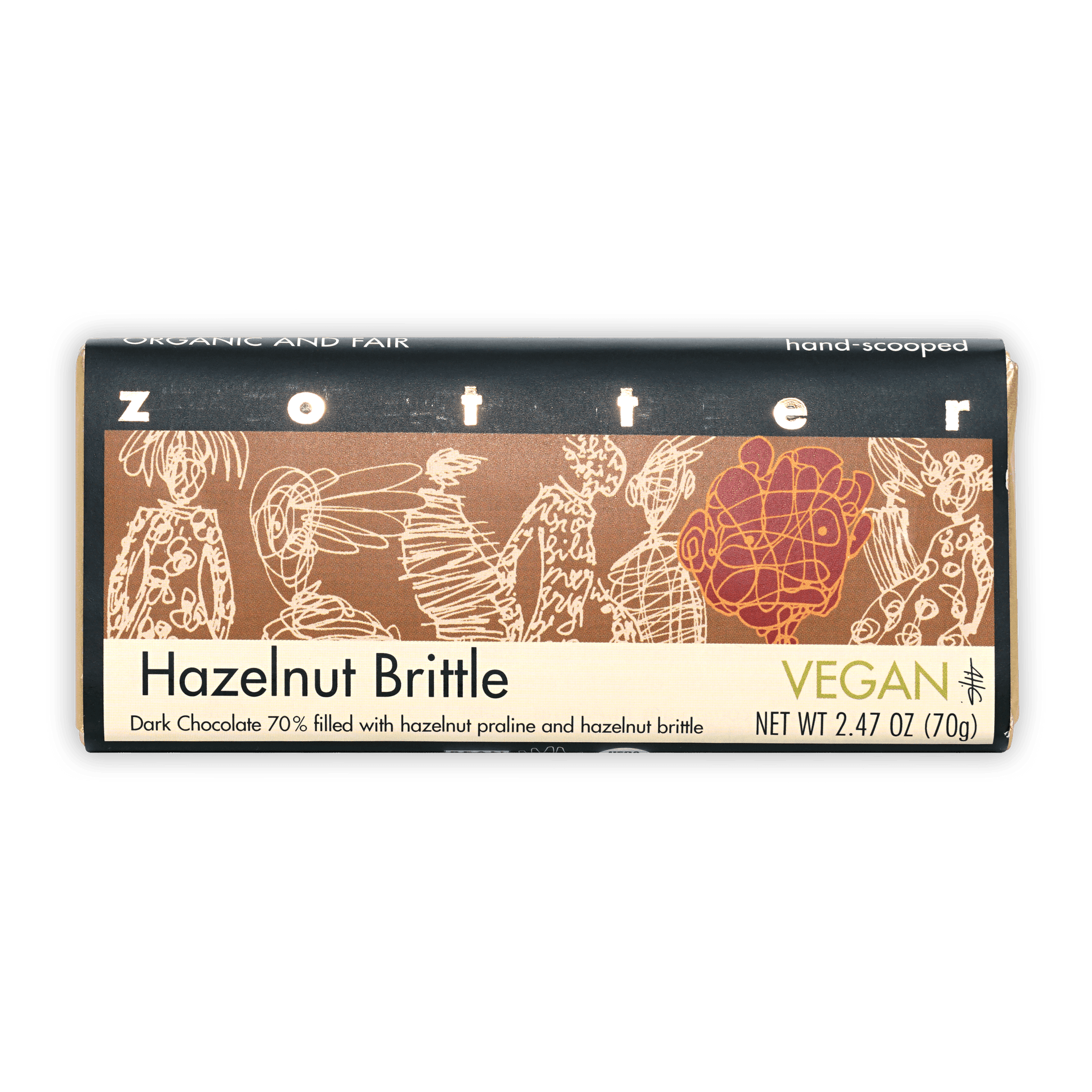 Zotter Hazelnut Brittle 70% chocolate bar in brown cream wrapper