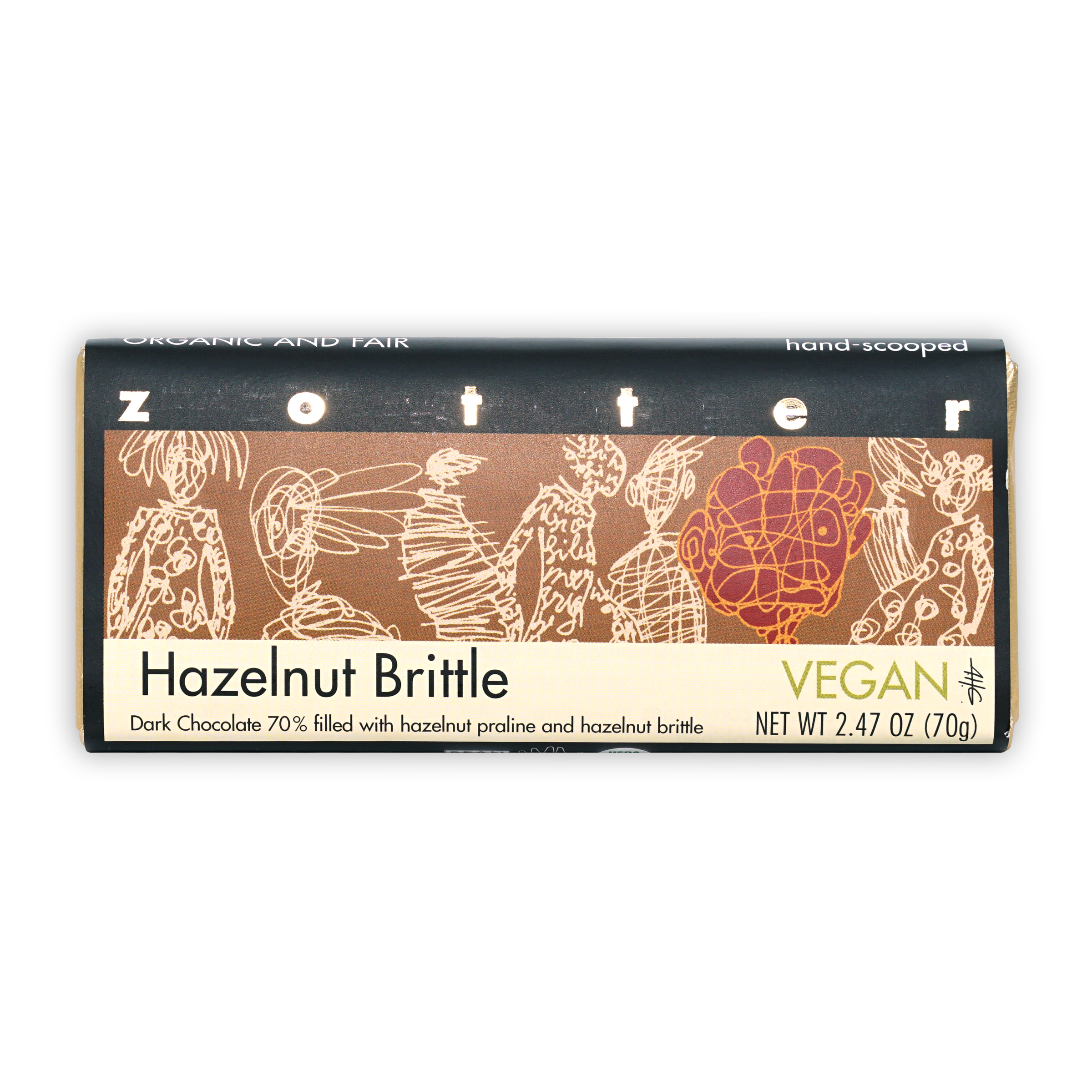 Zotter Hazelnut Brittle 70% chocolate bar in brown cream wrapper