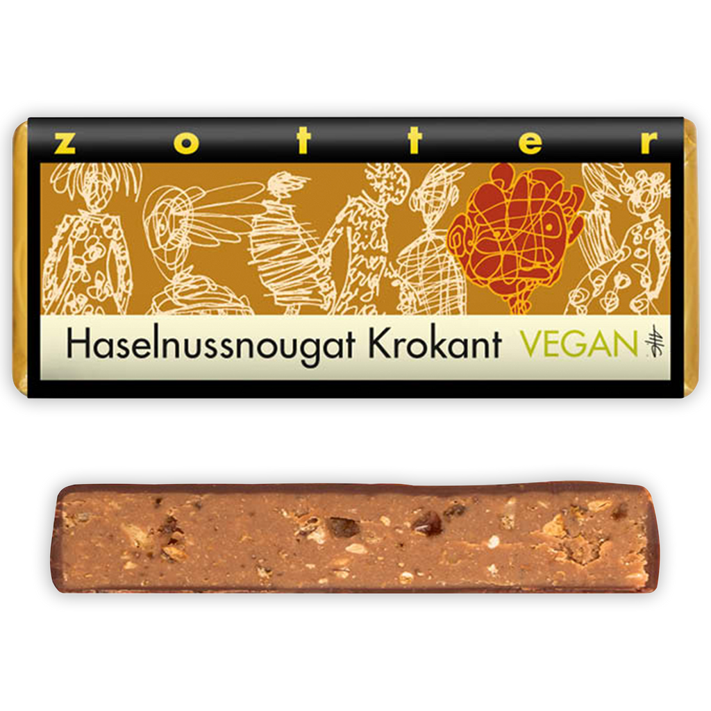 Zotter Hazelnut Brittle 70% vegan nougat bar in golden wrapper