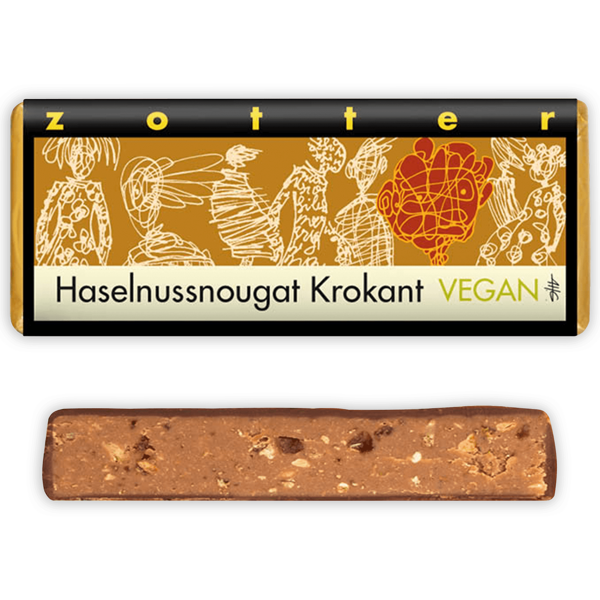 Zotter Hazelnut Brittle 70% vegan nougat bar in golden wrapper