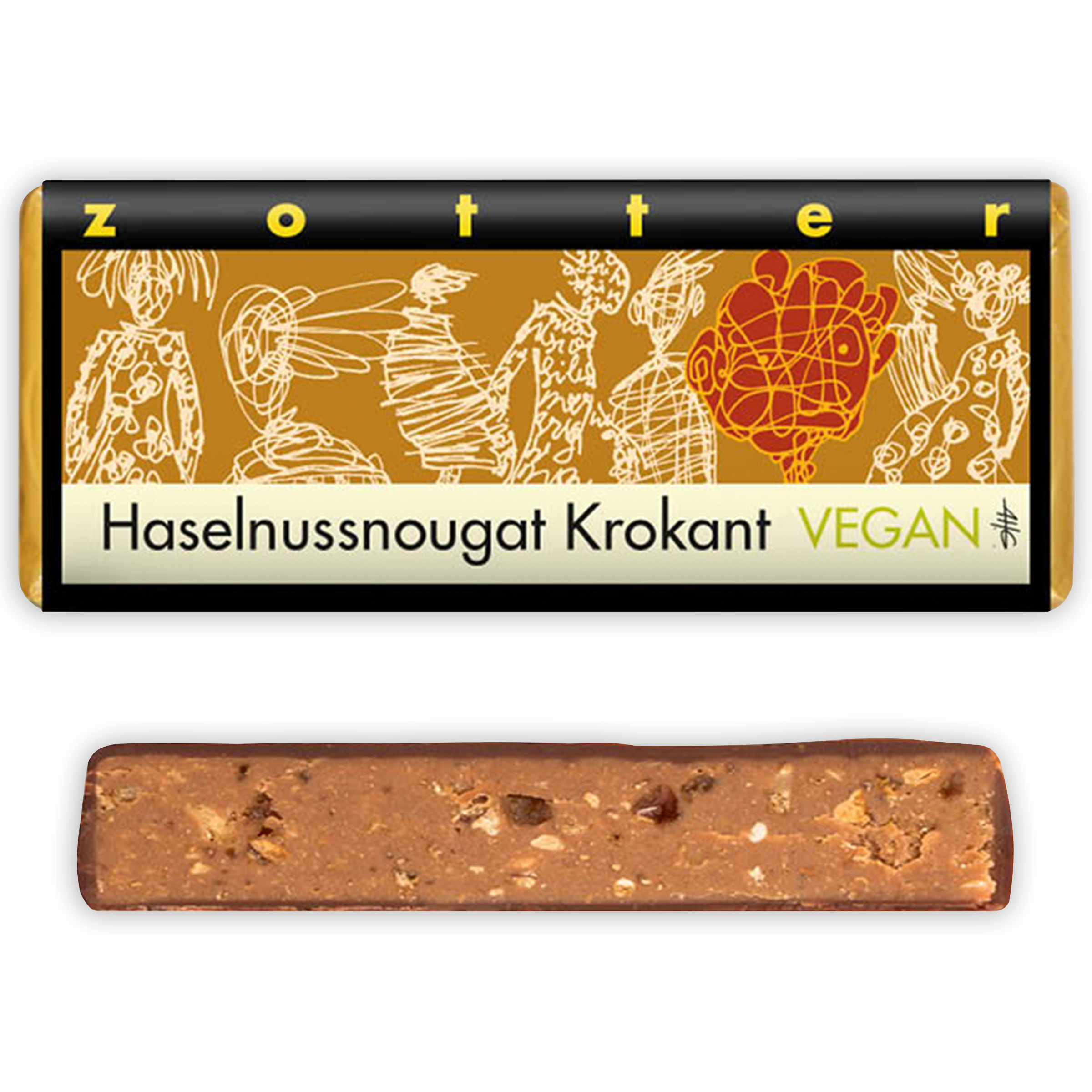 Zotter Hazelnut Brittle 70% vegan nougat bar in golden wrapper
