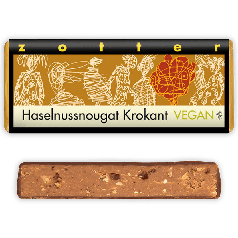Zotter Hazelnut Brittle 70% vegan nougat bar in golden wrapper