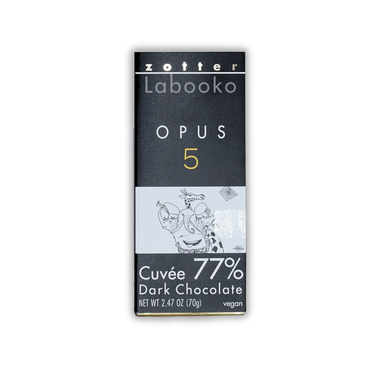 Zotter Labooko Opus 5 77% dark chocolate bar in black and white packaging on a black background.