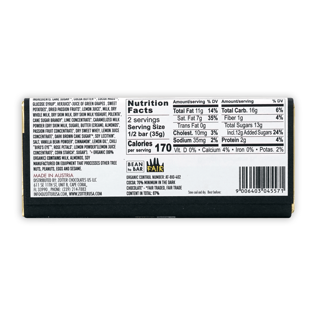 Zotter Lime & Passion Fruit 70% dark chocolate bar back with label