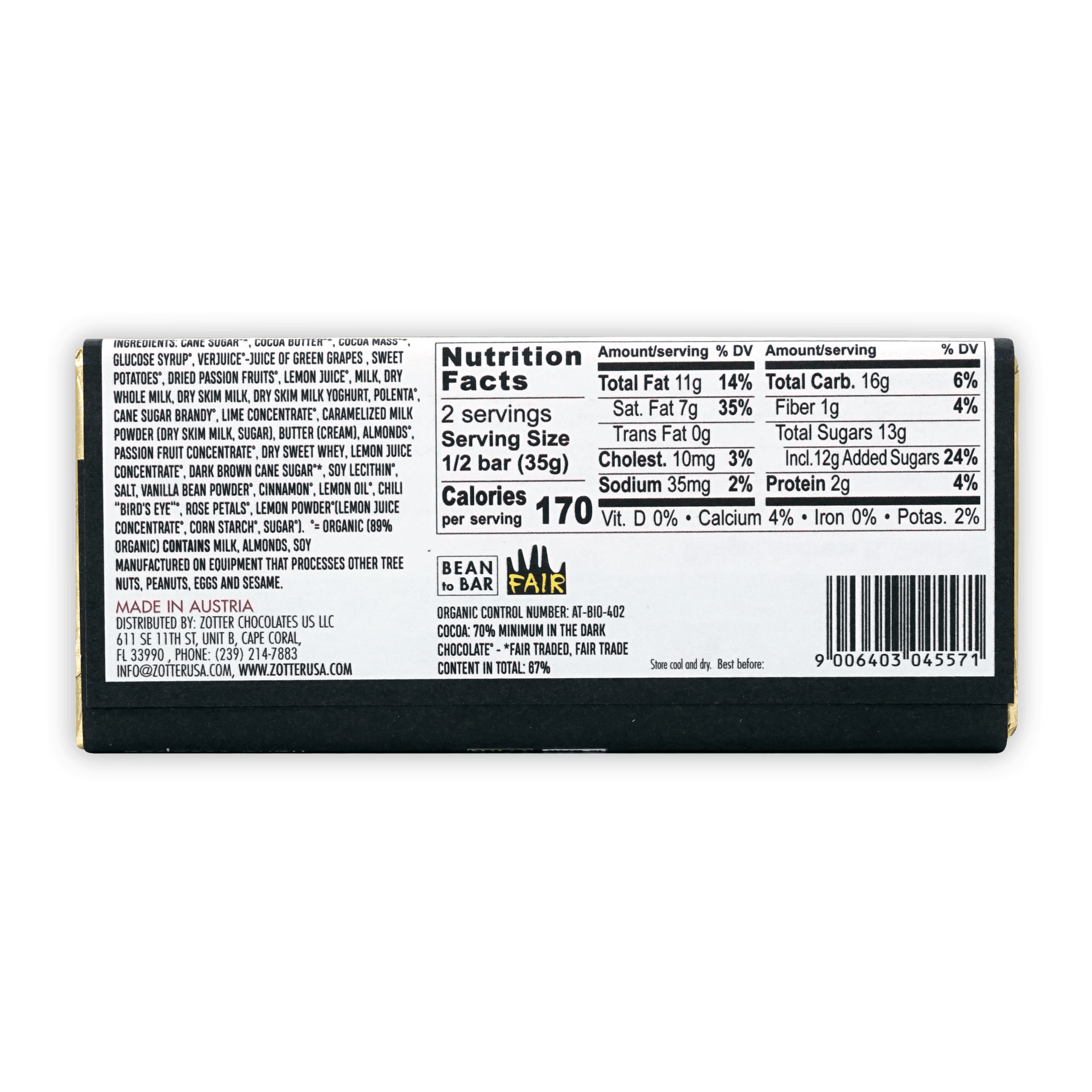 Zotter Lime & Passion Fruit 70% dark chocolate bar back with label