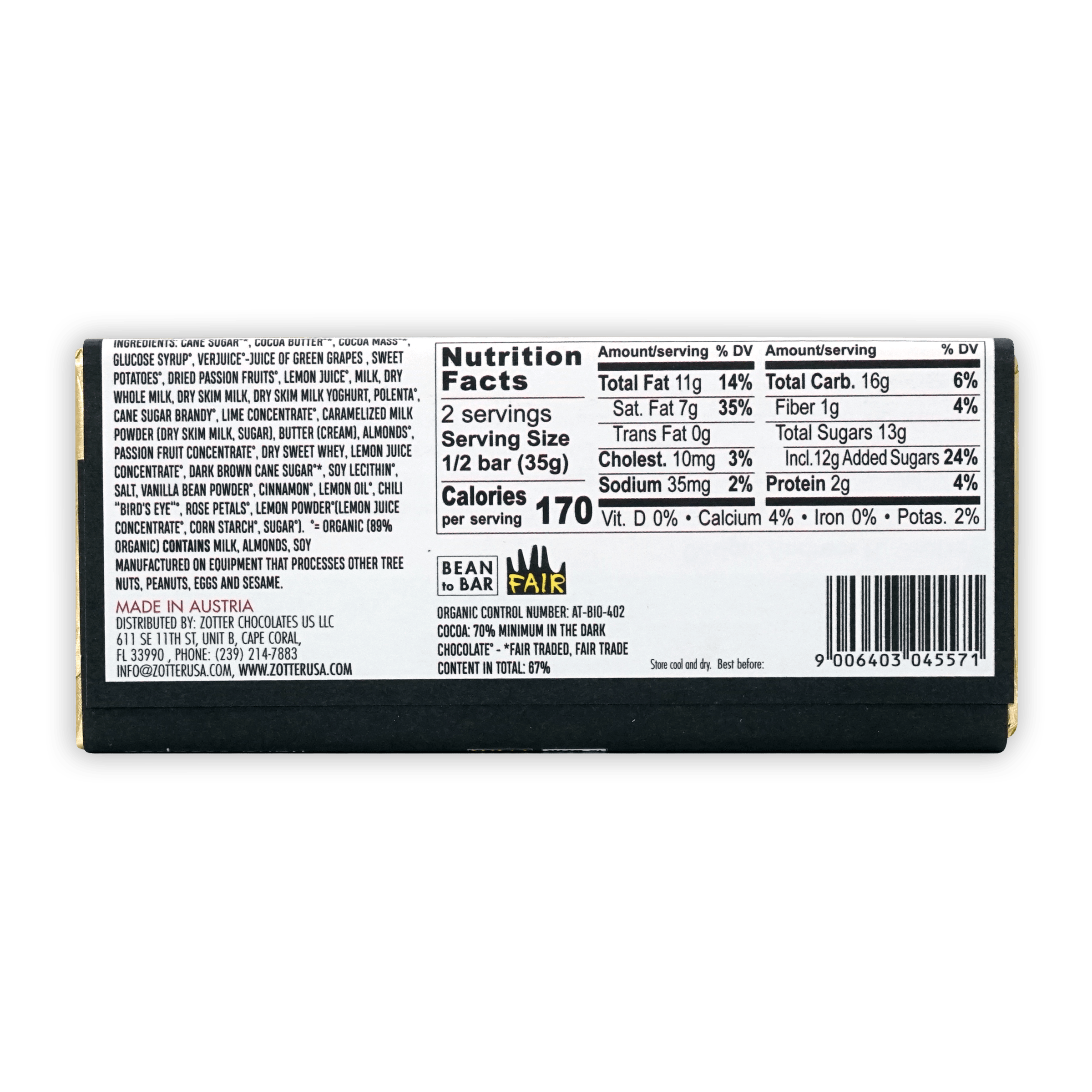 Zotter Lime & Passion Fruit 70% dark chocolate bar back with label