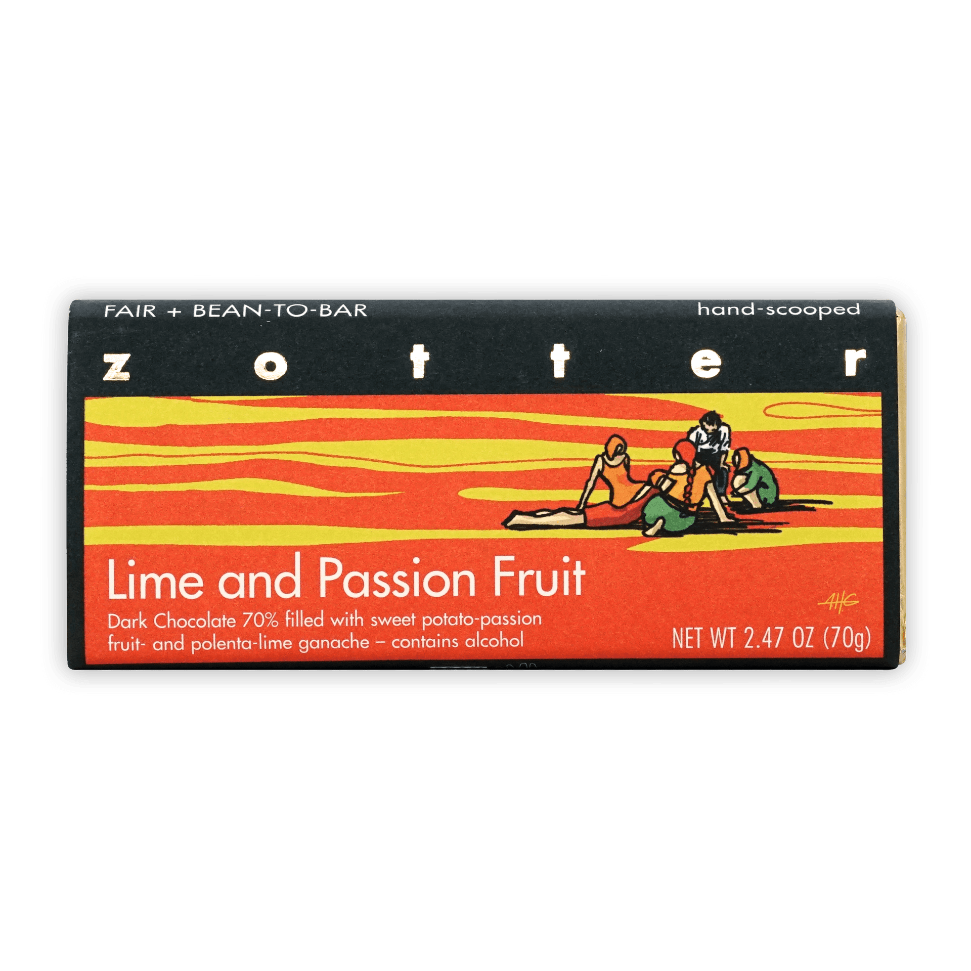Zotter Lime & Passion Fruit 70% chocolate bar in vibrant wrapper