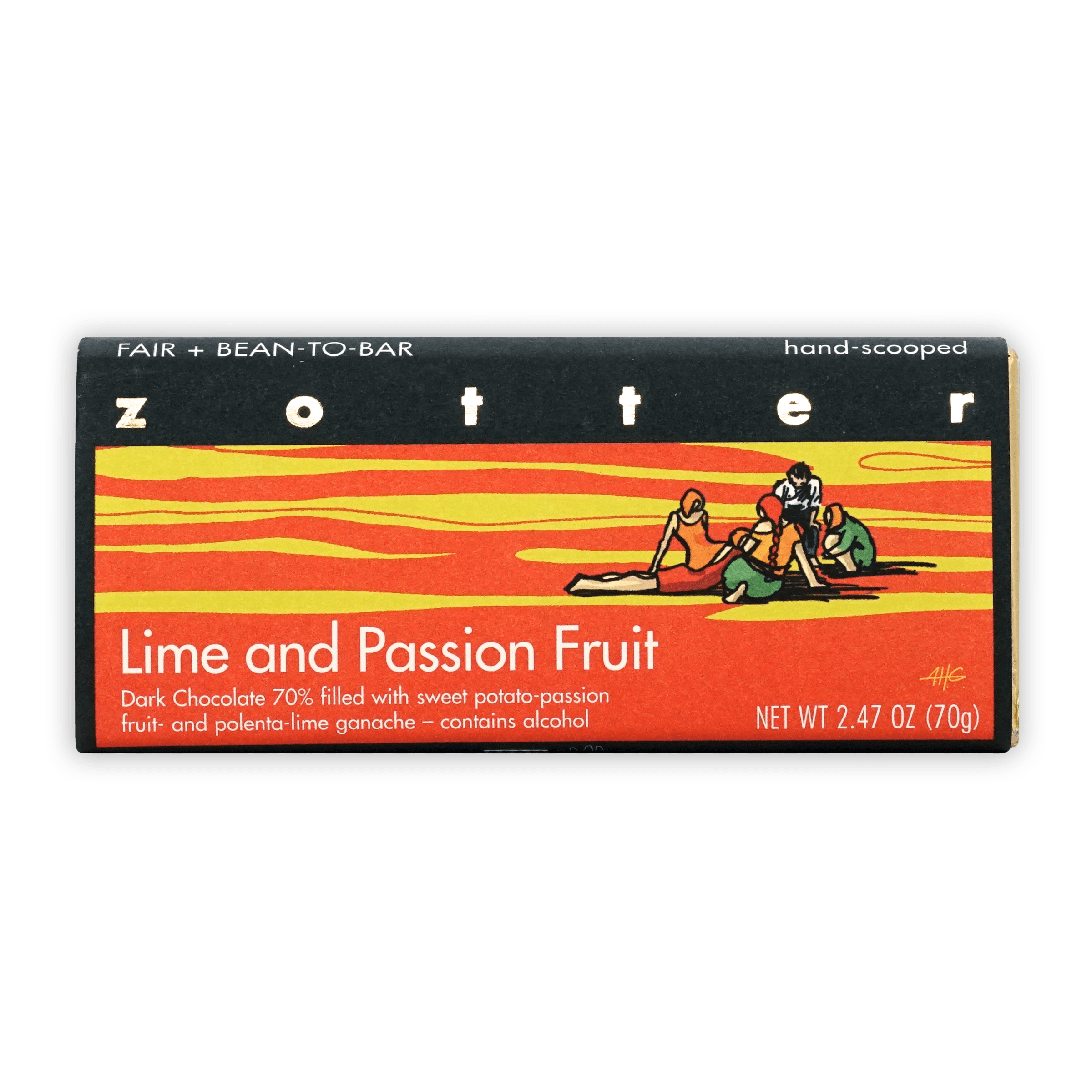 Zotter Lime & Passion Fruit 70% chocolate bar in vibrant wrapper