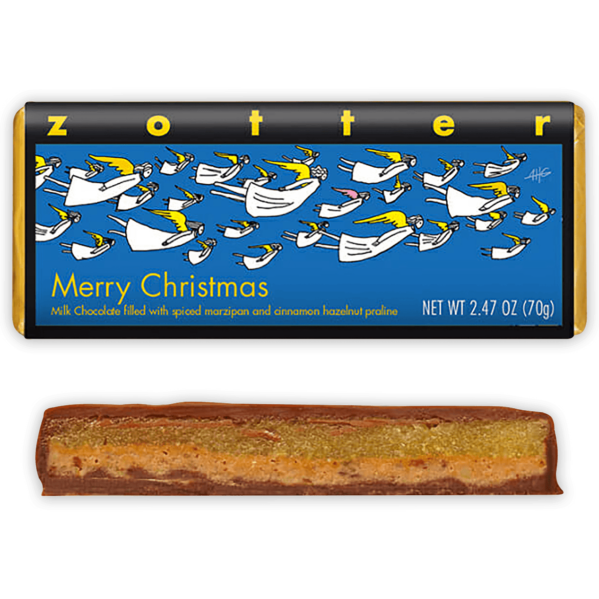Zotter Merry Christmas wrapper with flying angels above a cut bar showing marzipan and praline.
