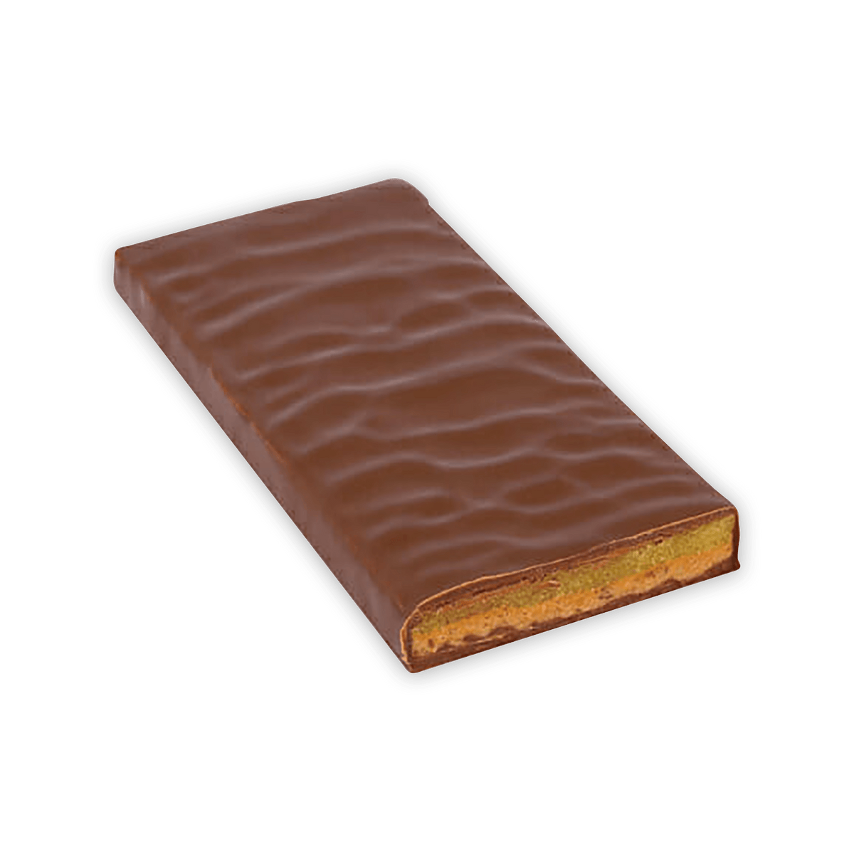 An unwrapped Zotter milk chocolate bar with a rippled top and a green marzipan layer at the cut end.