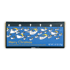Front of the blue Zotter Merry Christmas wrapper with white and yellow flying angels, 2.47 oz.