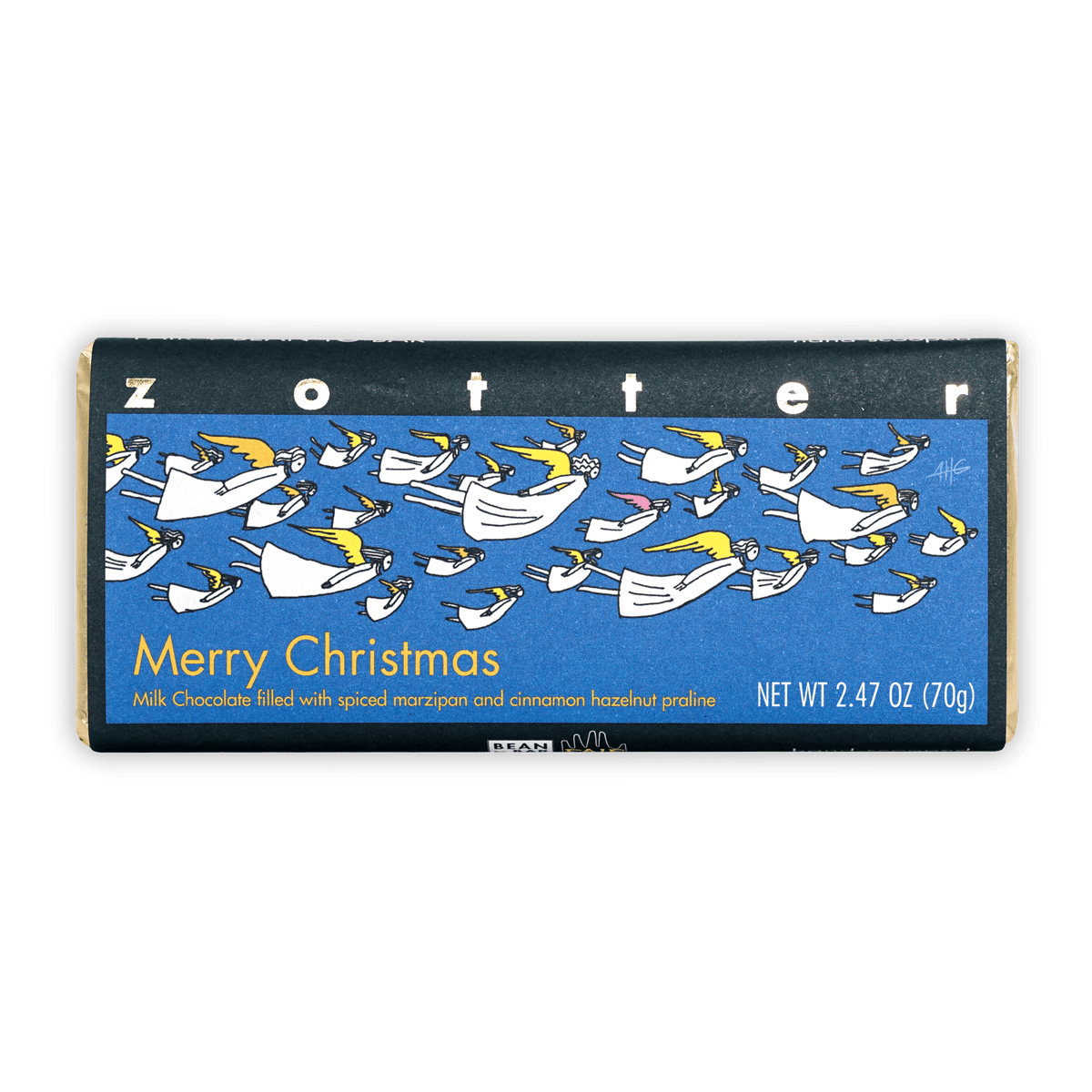 Front of the blue Zotter Merry Christmas wrapper with white and yellow flying angels, 2.47 oz.