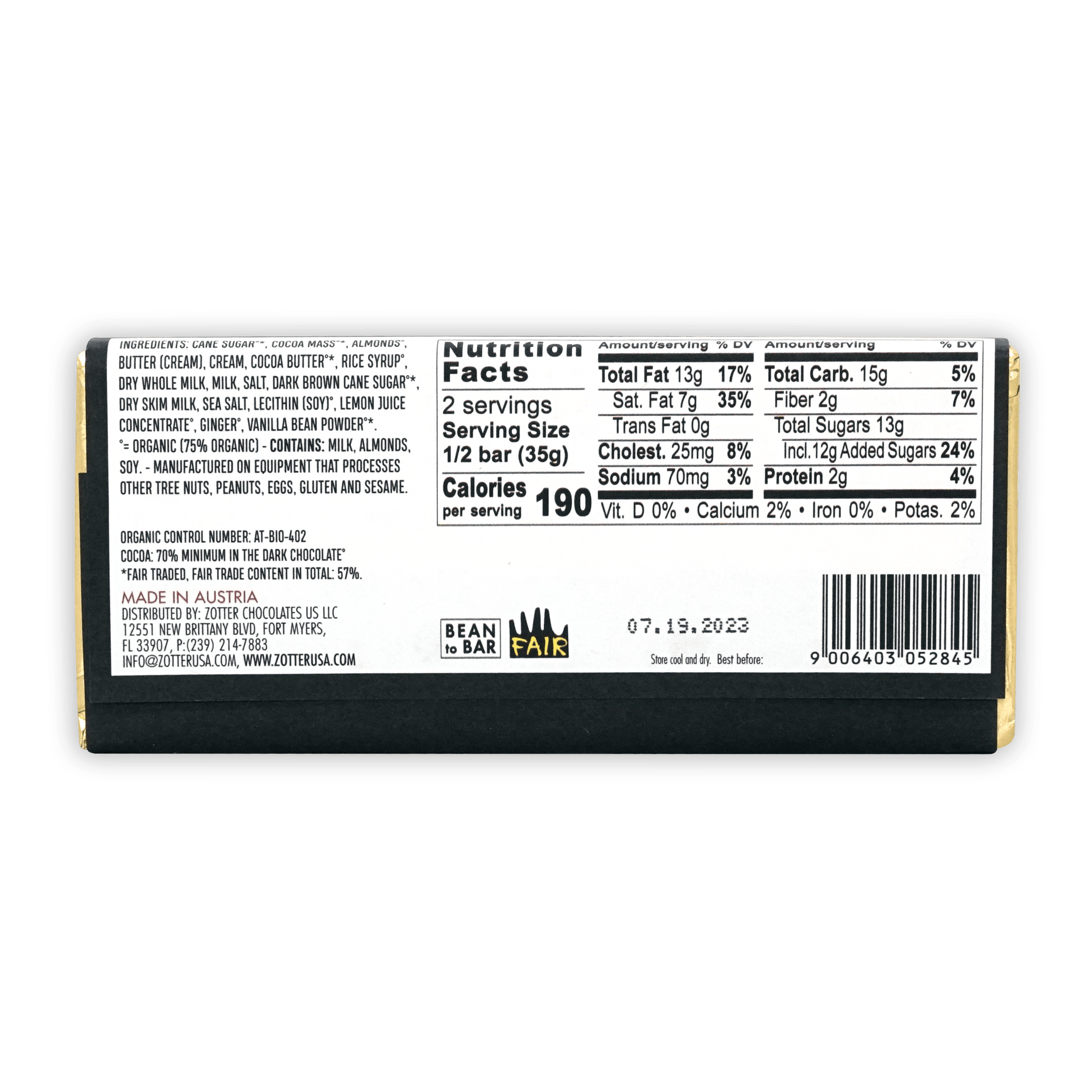 Zotter Salted Caramel 70% dark chocolate bar in black gold wrapper