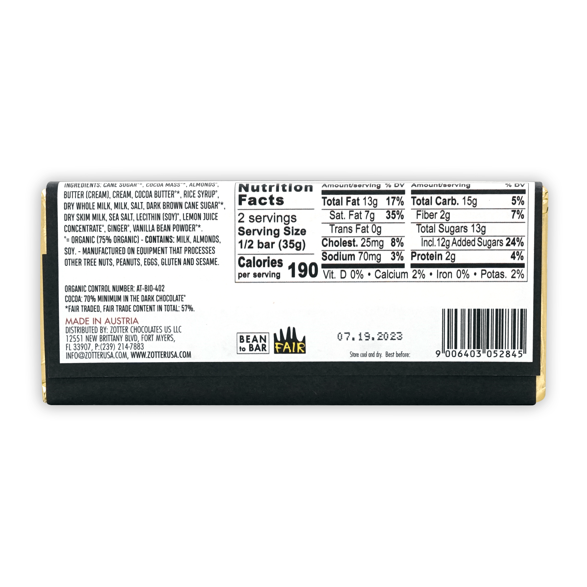 Zotter Salted Caramel 70% dark chocolate bar in black gold wrapper