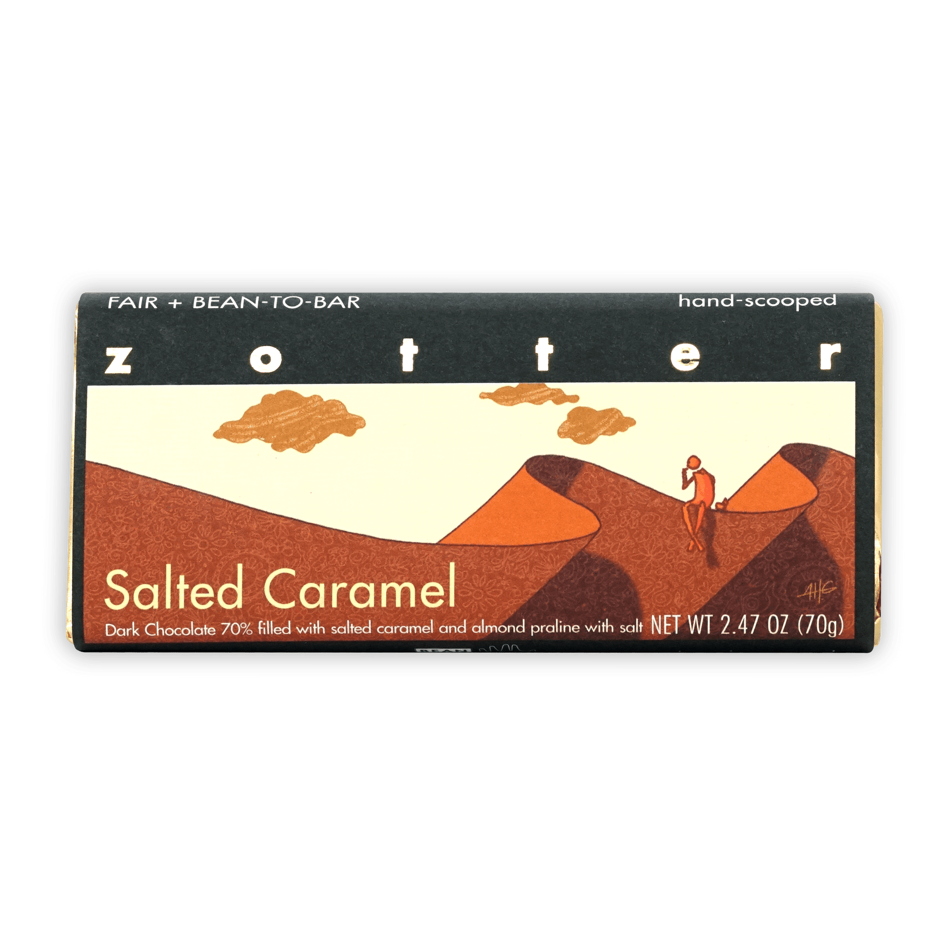 Zotter Salted Caramel 70% dark chocolate bar with praline filling
