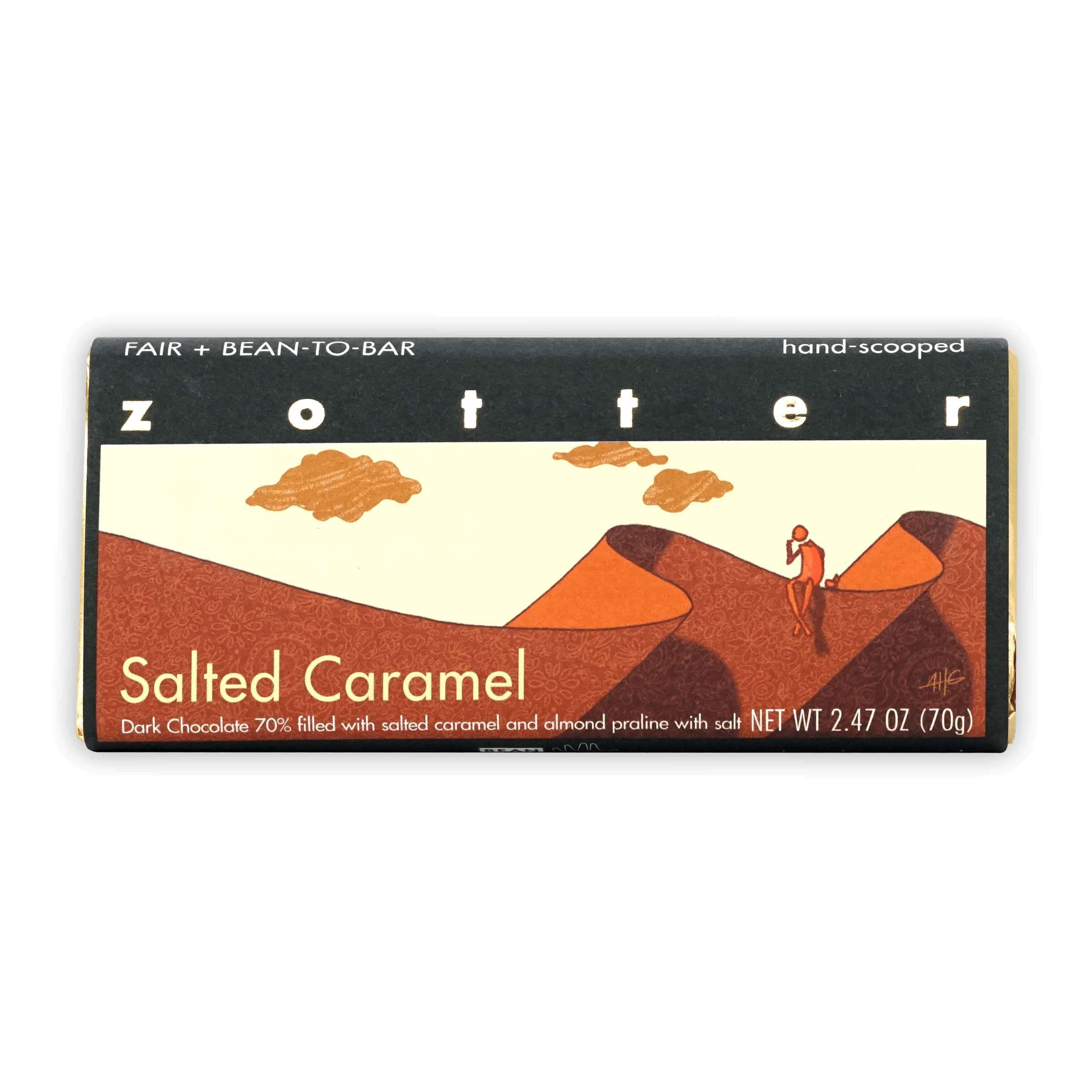 Zotter Salted Caramel 70% dark chocolate bar with praline filling