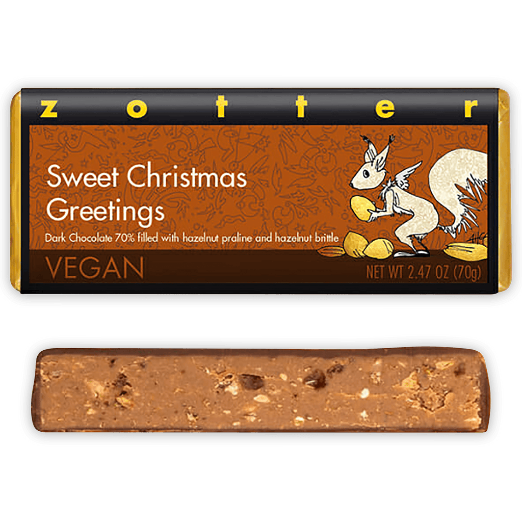 Zotter Sweet Christmas Greetings 70% dark chocolate bar with hazelnut praline brittle