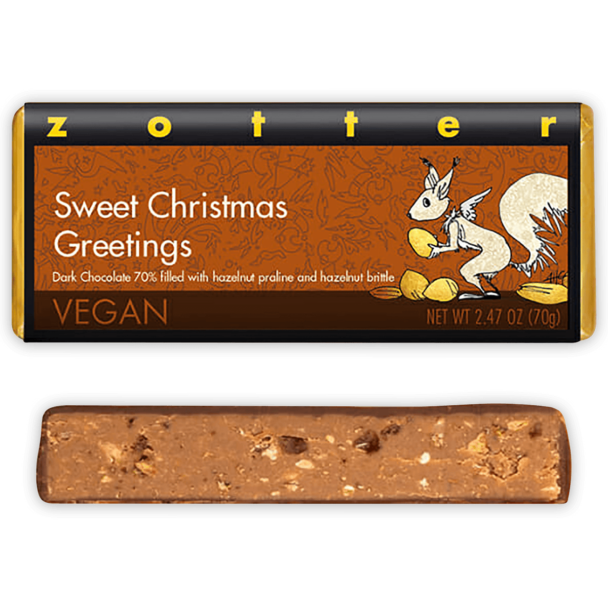 Zotter Sweet Christmas Greetings 70% dark chocolate bar with hazelnut praline brittle