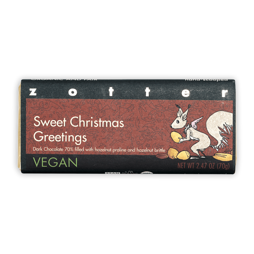 Zotter Sweet Christmas Greetings 70% dark chocolate bar with hazelnut praline brittle