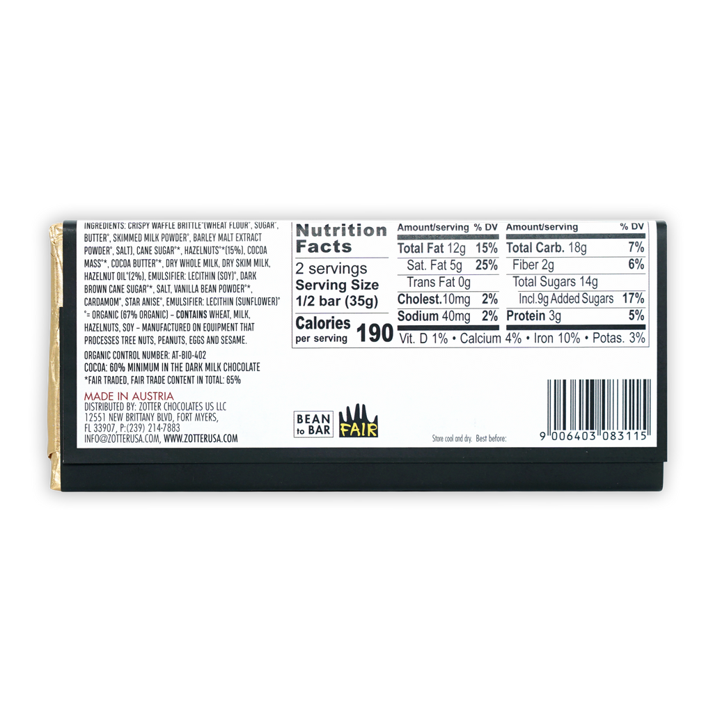 Zotter Waffle Brittle 60% dark milk chocolate bar with bean to bar label